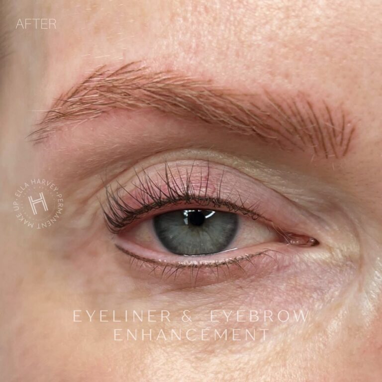 Close-up of blue eye with enhanced eyeliner and defined eyebrow strokes.